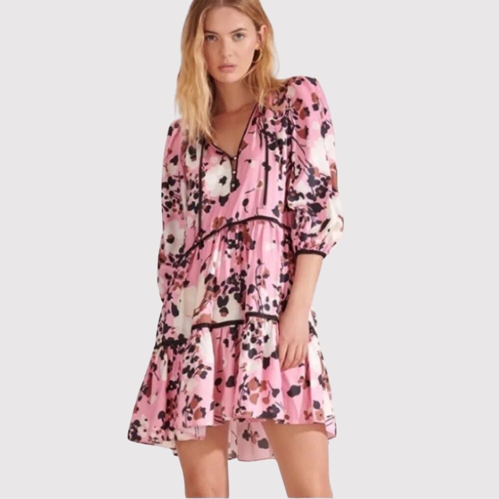 VERONICA BEARD Mini Dress Pink Hawken Floral Tiered V Neck Silk Puffed Size 0
